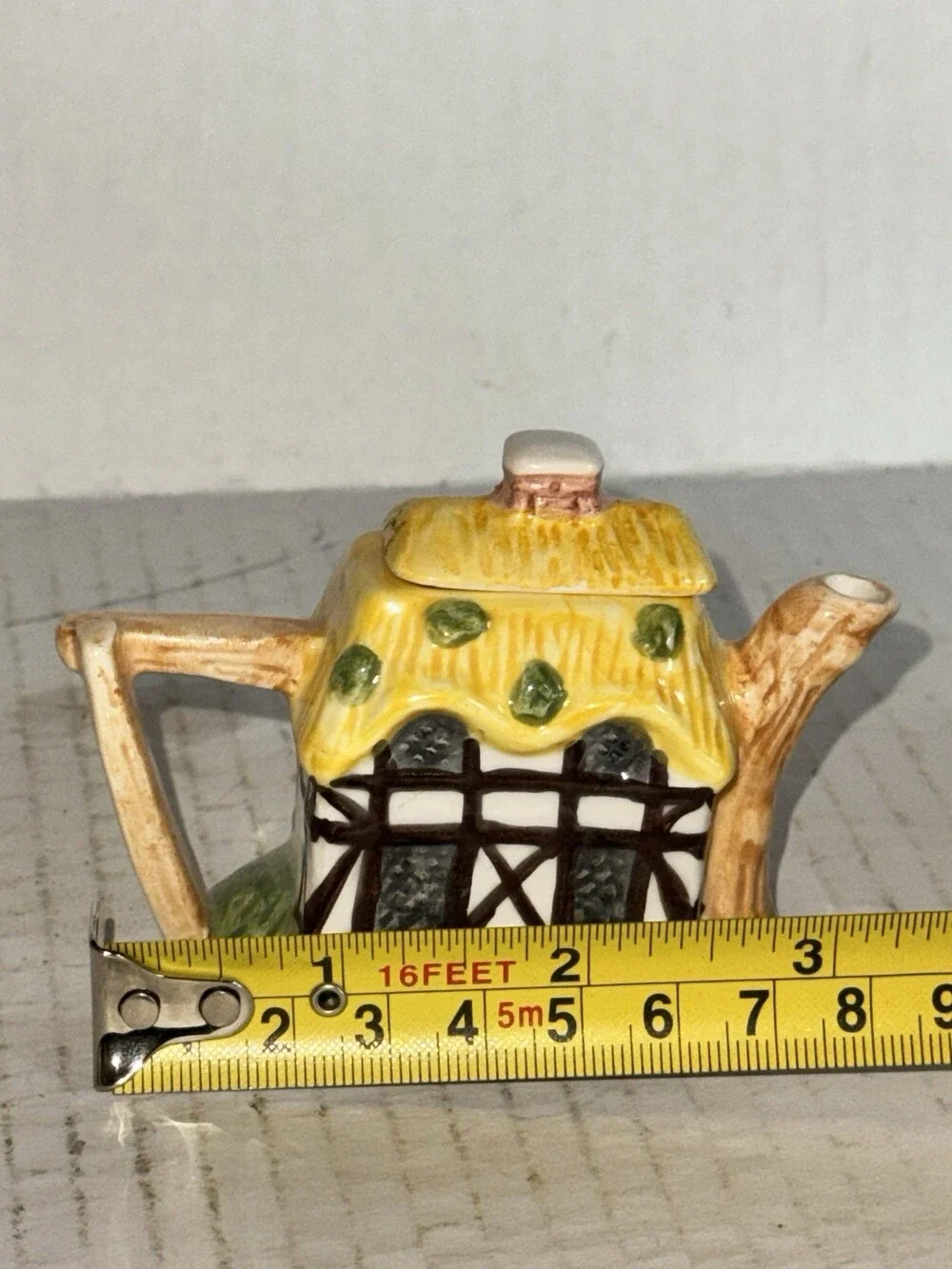 Miniature Tudor Cottage Teapot Yellow Thatched Roof Ceramic House With Lid